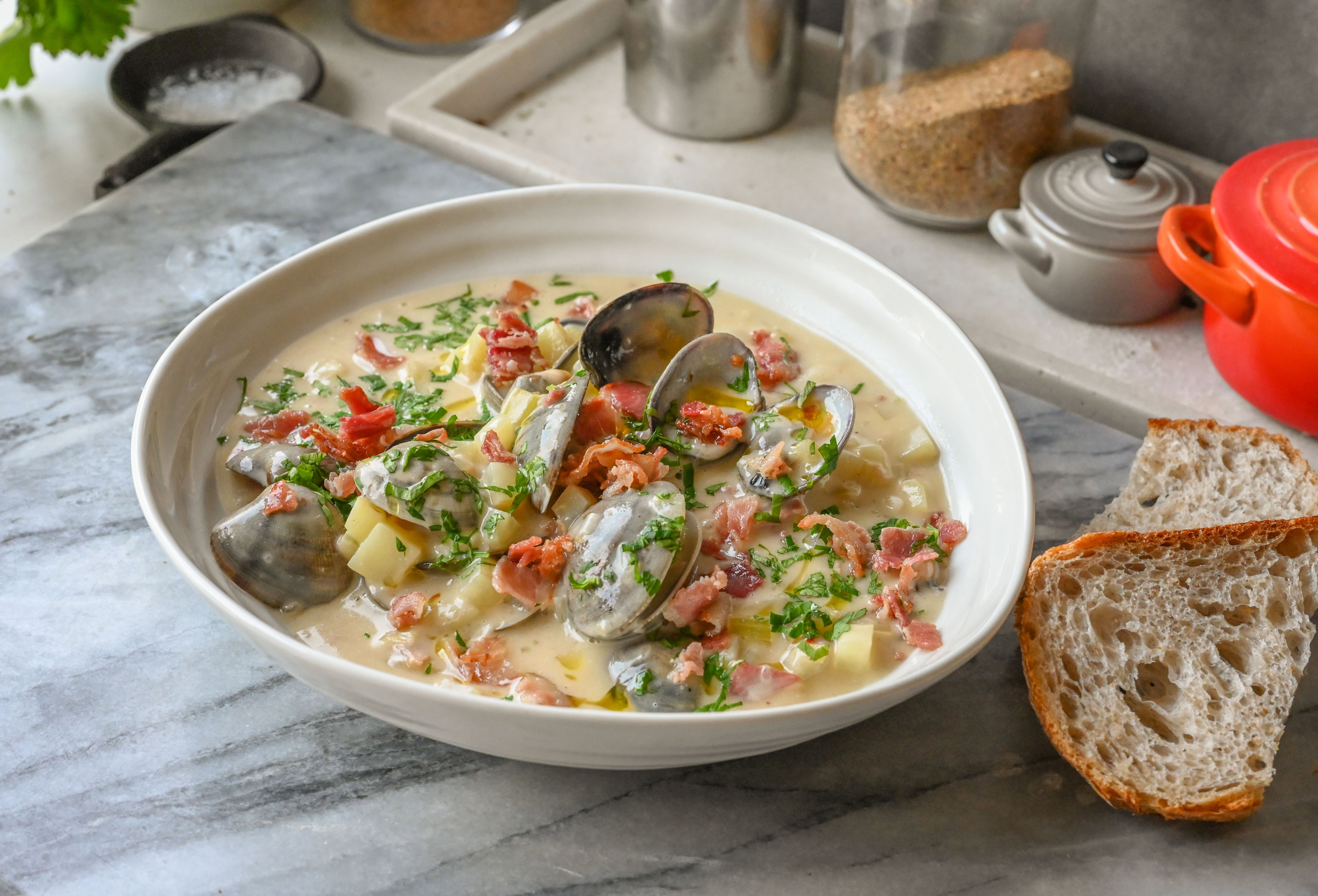 Clam Chowder - American comfort food with bacon and mussels