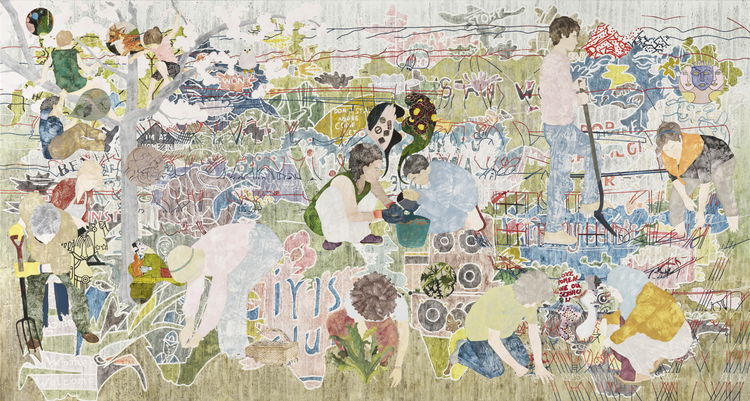 Helen Johnson Things Held Fast 2020 Akryl pa lerret 187 x 350 cm Gjengitt med tillatelse fra Christen Sveaas Kunstsamling