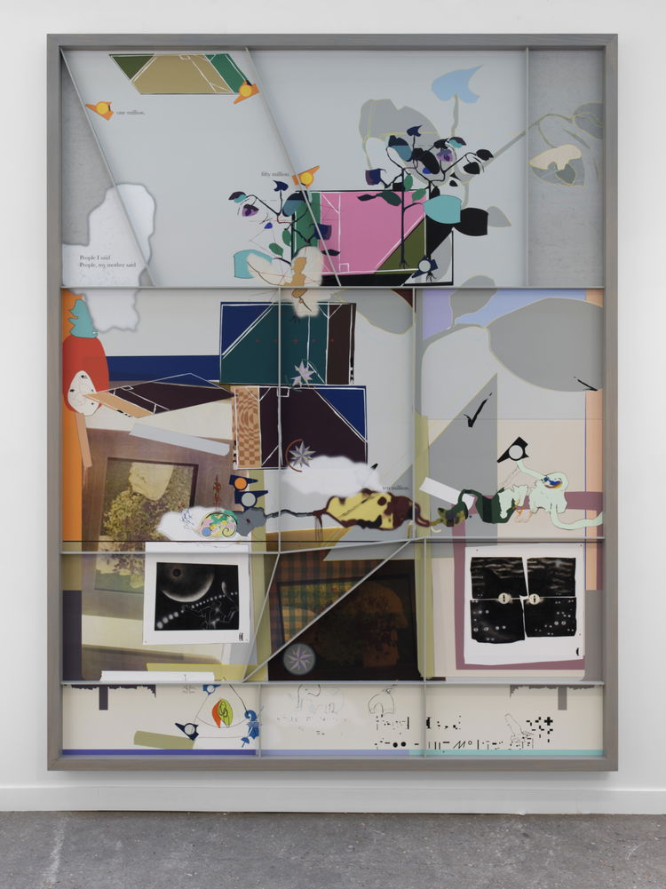 Helen Marten The Weather 2018 Nylonmaling pa tekstil blekk pa papir aske pulverlakkert aluminium 310 x 240 x 85 cm Gjengitt med tillatelse fra Christen Sveaas Kunststiftelse