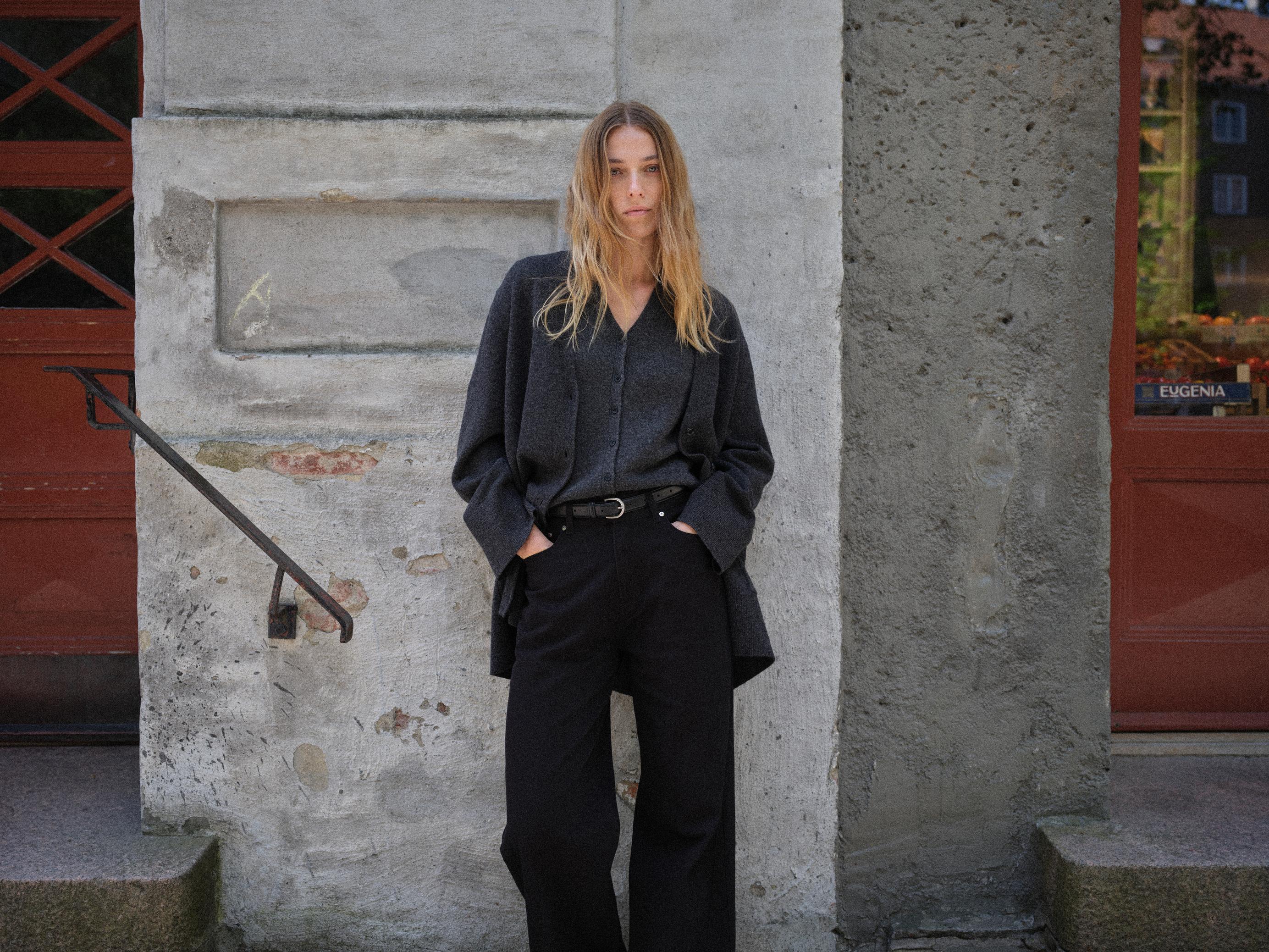 FWSS FALL 2024 CAMPAIGN TRINE HISDAL CHARLES VEST CARDIGAN GRAPHITE GREY RELAXED WIDE LEG JEANS JET BLACK CLASSIC LEATHER BELT