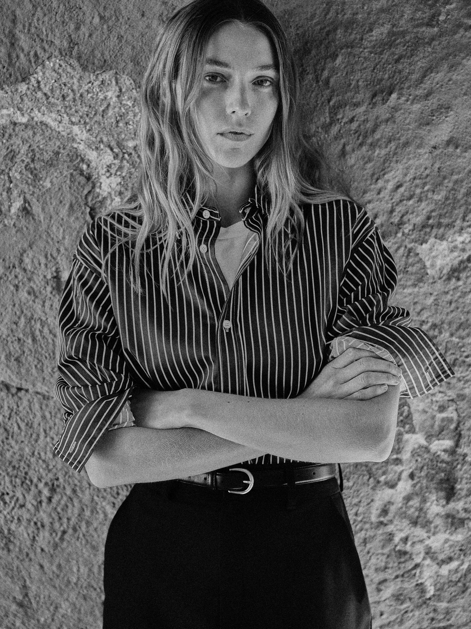 FWSS FALL 2024 CAMPAIGN TRINE HISDAL COASTAL SHIRT NAVY BLUE WHITE STRIPE COTE DAZUR MAXI SKIRT JET BLACK CLASSIC LEATHER BELT
